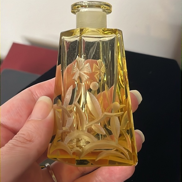Art Deco Czechoslovakia Yellow Floral Vaseline Glowy Glass Perfume Bottle Dauber - Picture 7 of 15